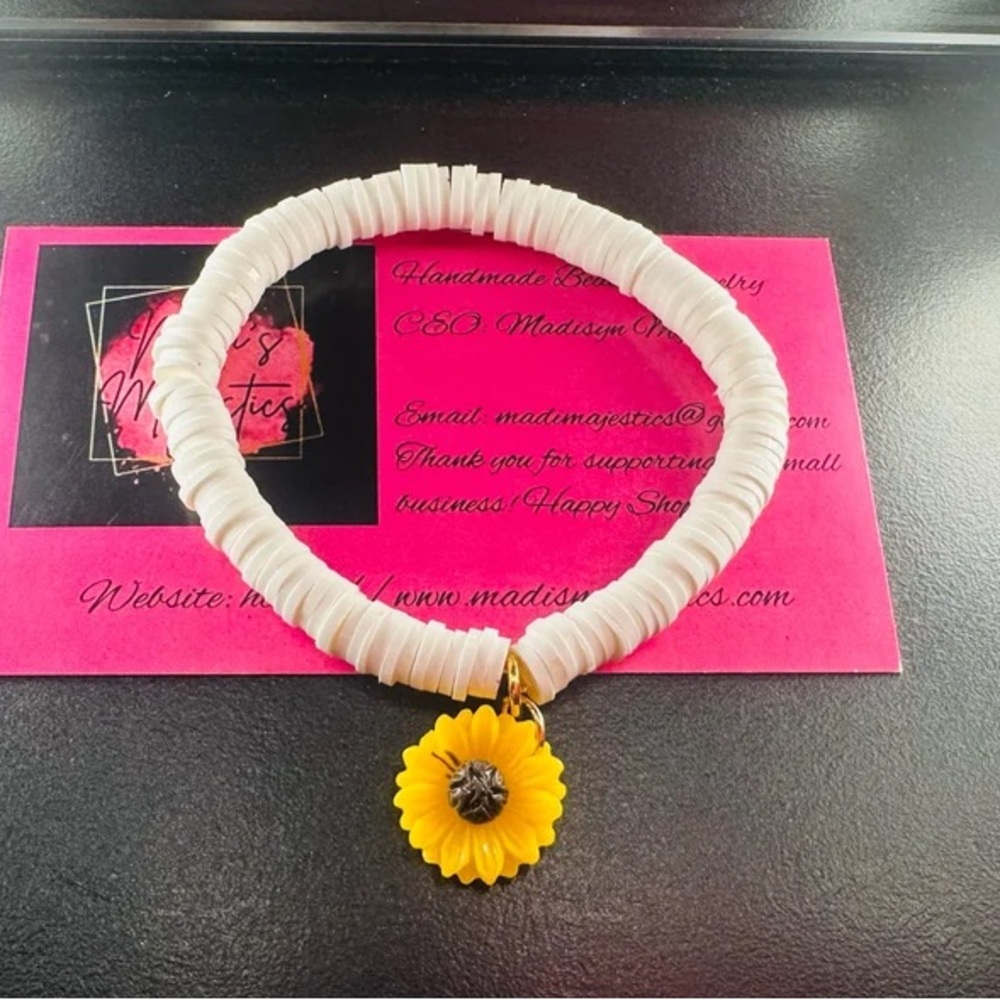 White Beaded Bracelet with Yellow Sunflower Charm